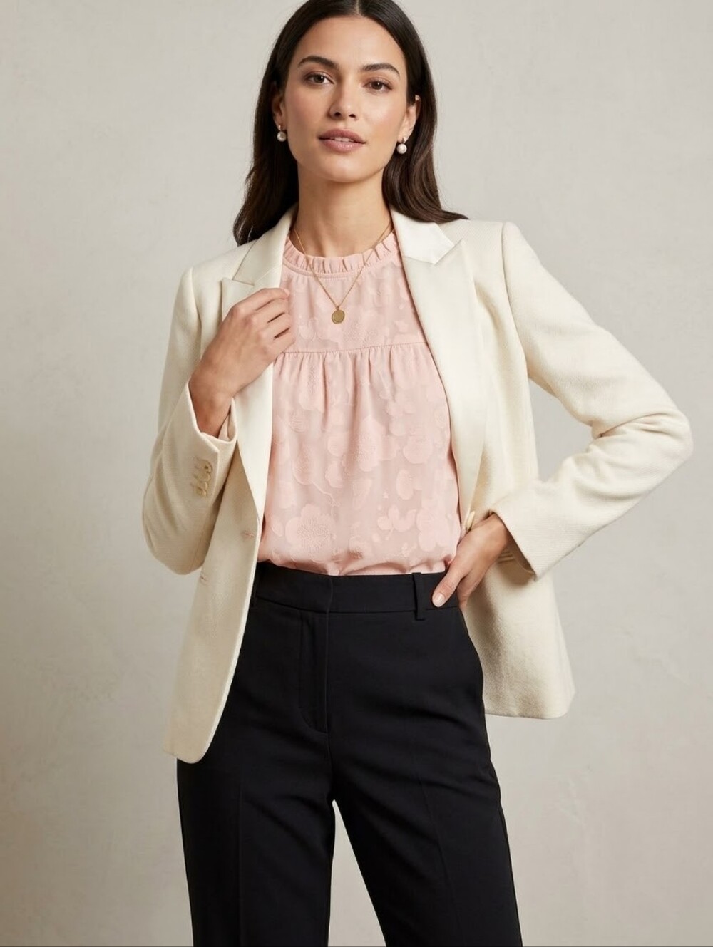 LOFT Women's Blush Pink Short-Sleeve Ruffled Yoke Top